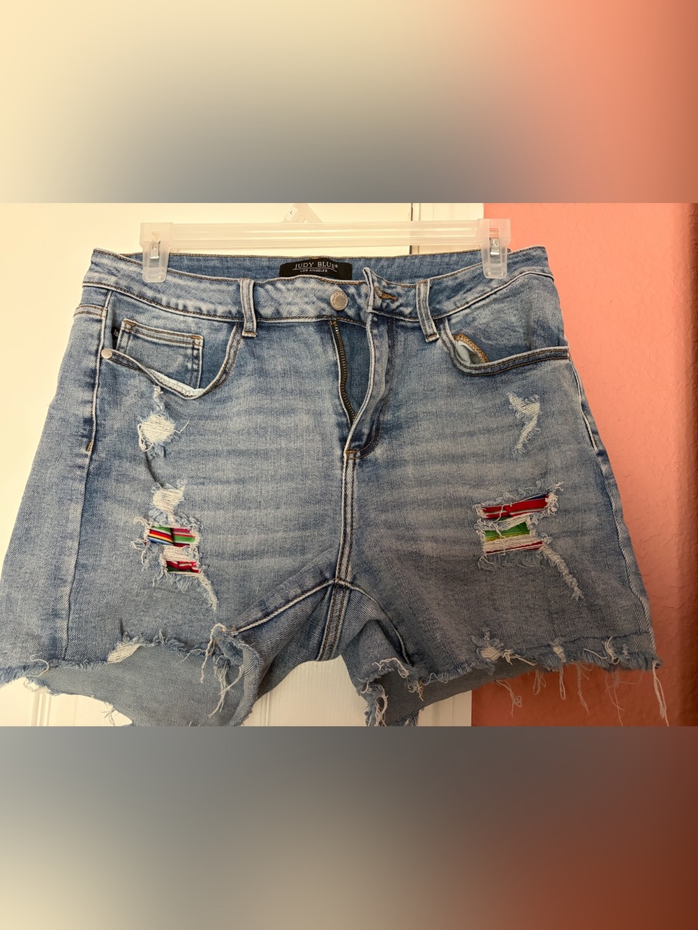 Judy Blue Light Blue Distressed Men's Denim Shorts with Color-Stripe Patch